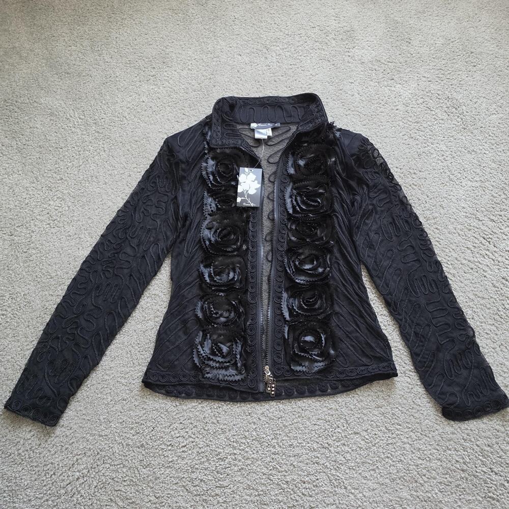 Damee Inc Jacket Womens Medium Black Mesh Sheer Floral Rosette Zip Art Wear